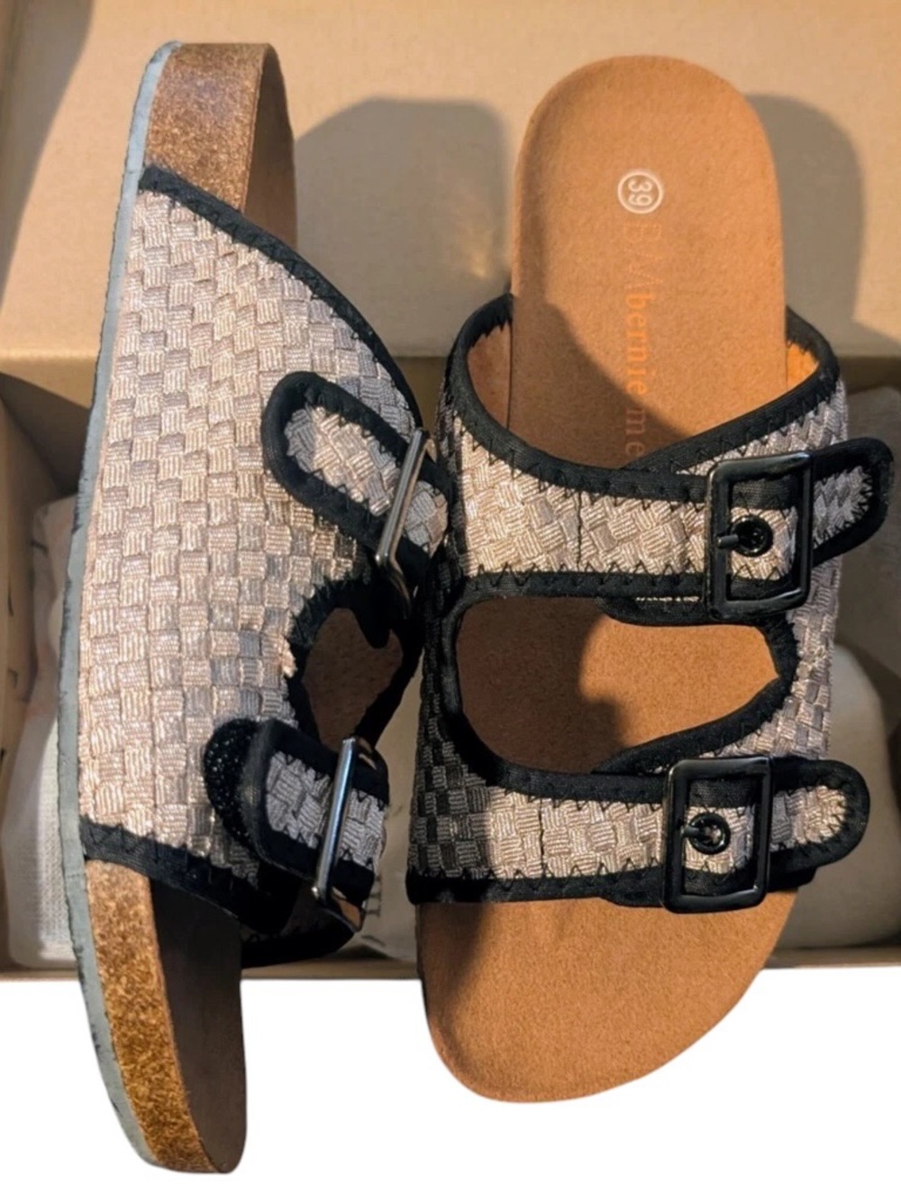 bernie mev. Shimmer and Black Woven Double-Buckle Slide Sandals